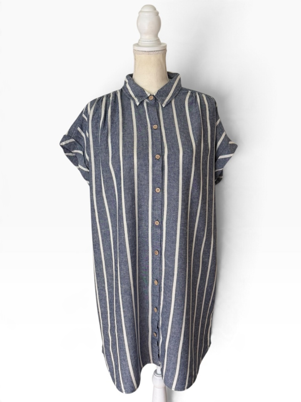 Faherty Breeze Striped Linen Blend Button Front Shirt Dress Blue White L